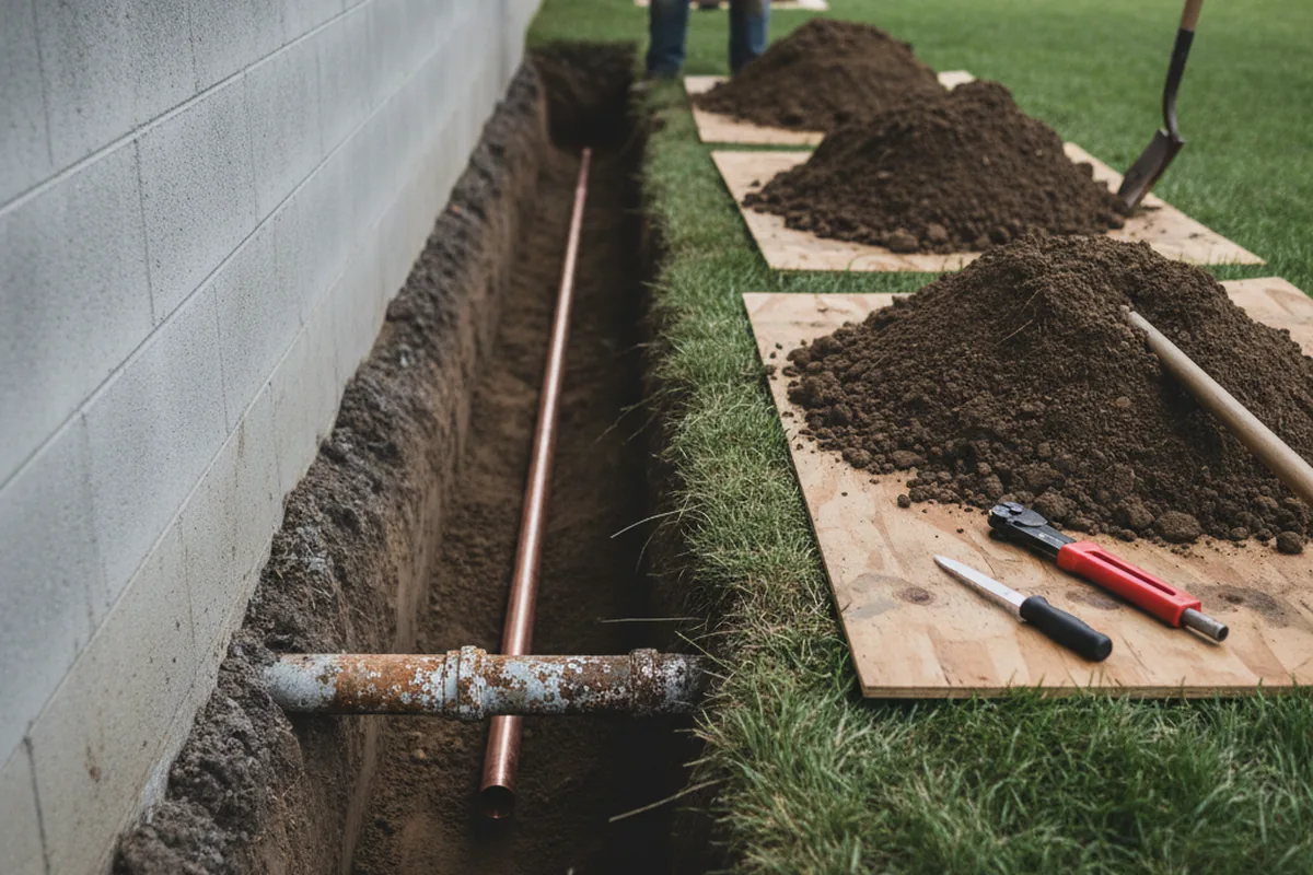 Excavated water line trench during Sewer Line Repair in Conklin